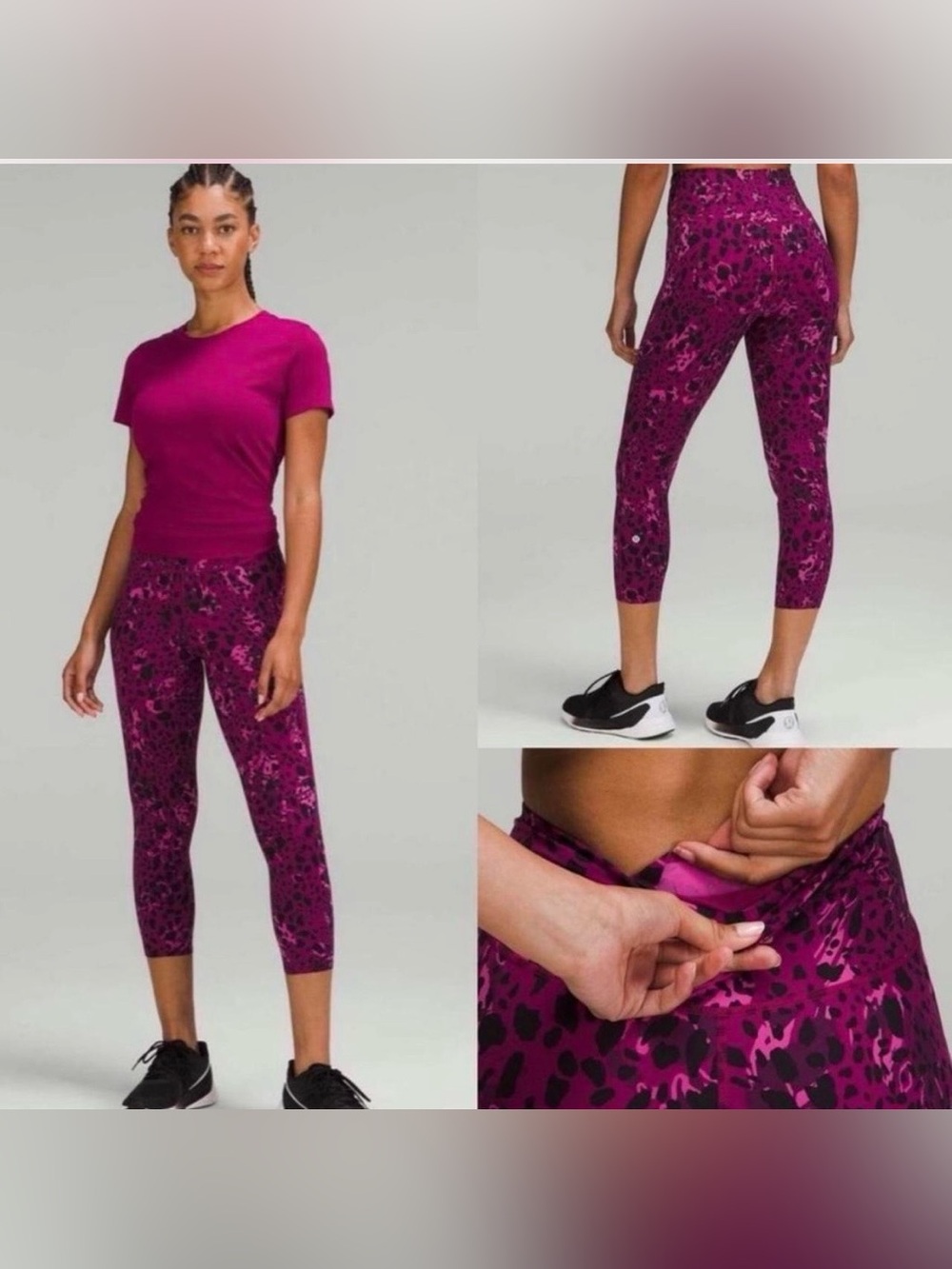 Lululemon Base Pace Crop Leggings Camo Leopard Cheetah Pink Purple Magenta 23”
